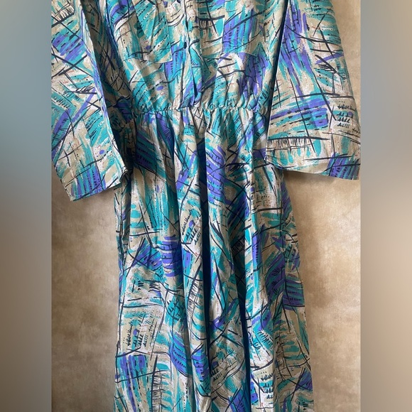 Caliche All Over Print Dress Vintage 80s 3/4 Sleeve Pockets Collared Funky - Picture 5 of 14